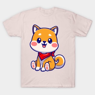 Cute Shiba Inu Dog Sitting With Scarf Cartoon T-Shirt